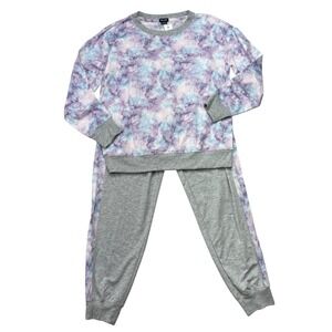 Splendid Women Pajama Lounge Set Medium Gray Purple Sweats Sweater Pants Tie Dye
